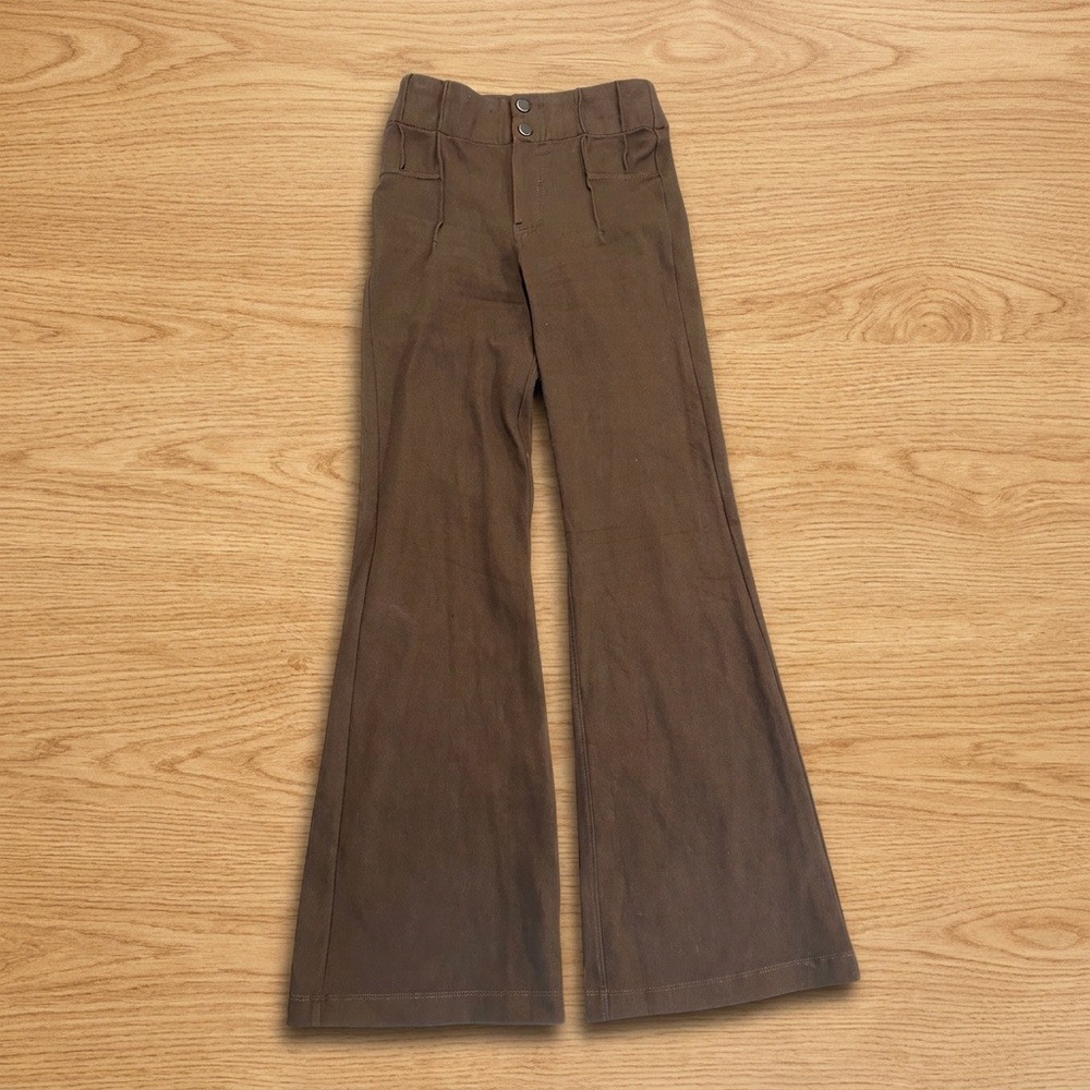 Rae Mode Flare Pants Size S Brown Cotton Stretch Twill Double Button Pintuck